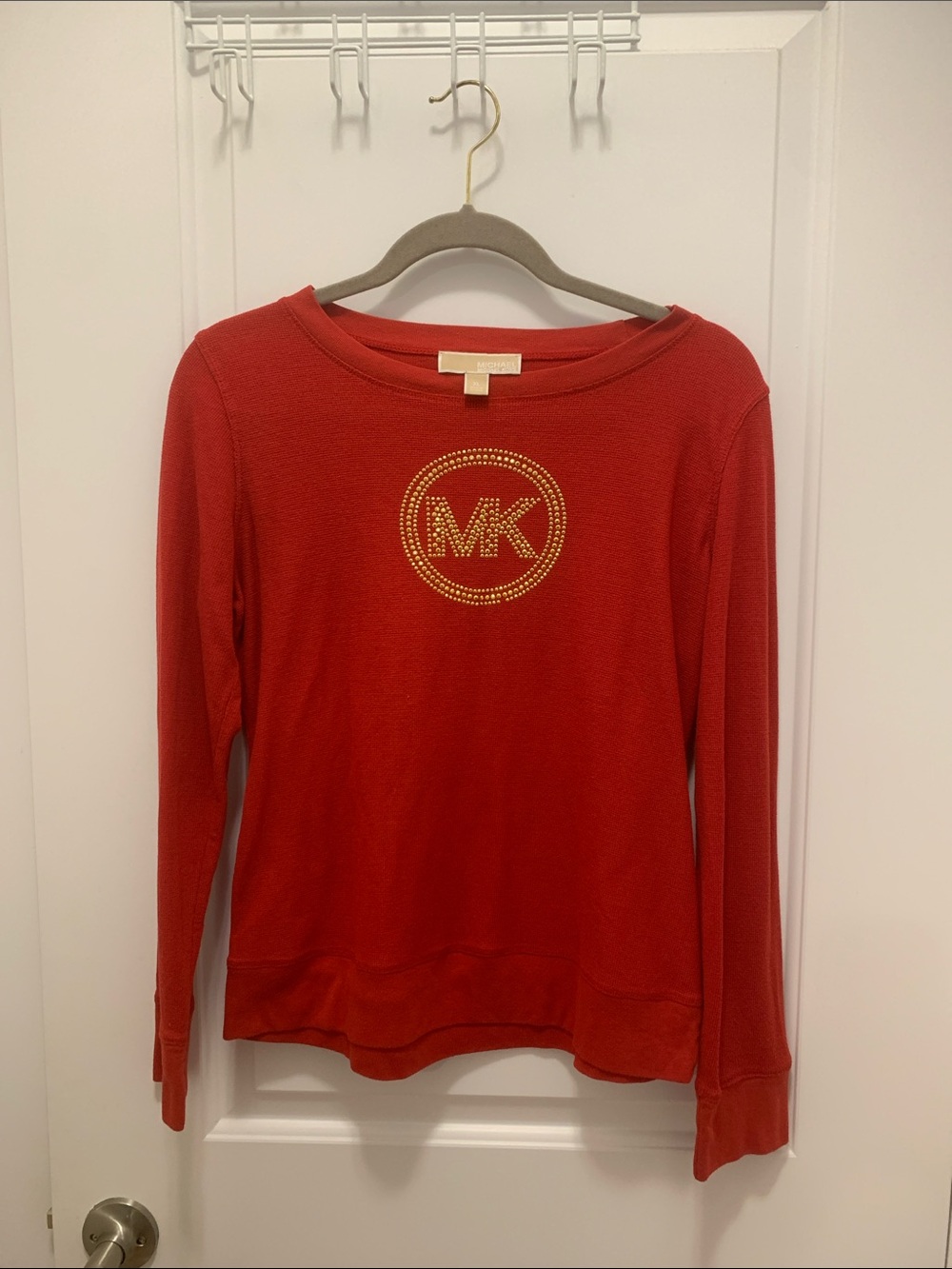 Michael Kors Red Long-Sleeve Sweatshirt with Gold MK Emblem